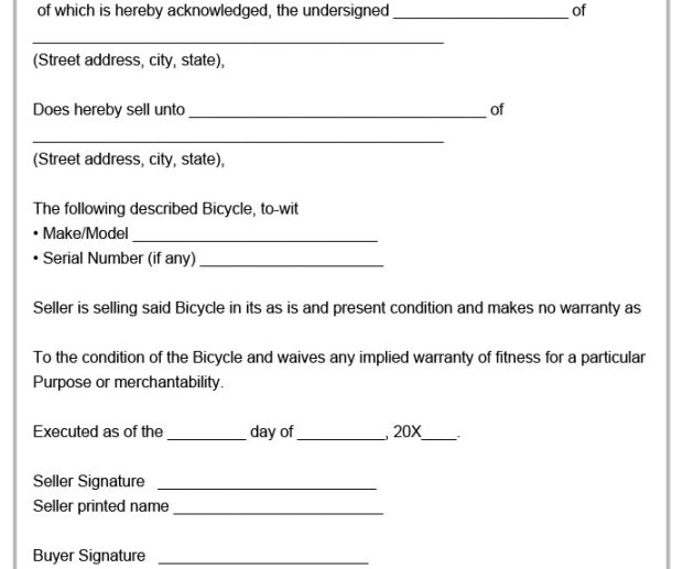 Bicycle Bill of Sale Form Template